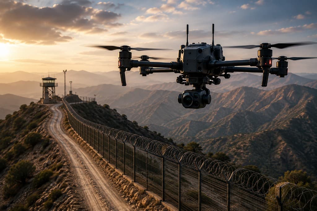 Surveillance drone hovering over a fortified border fence and watchtower at sunset